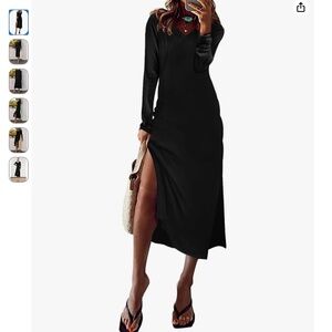 🖤 Black Long Sleeve V-Neck Midi Dress with Side Slits